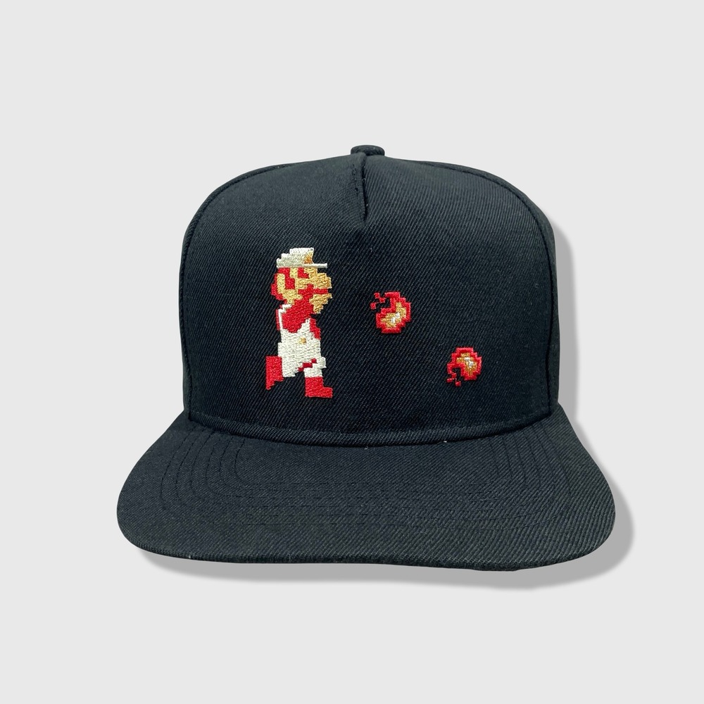 Nintendo Super Mario Bros Hat Mens OSFA Black Retro 8-Bit Fire Mario Snapback